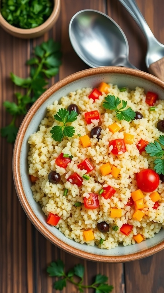 A bowl of seasoned quinoa with vegetables and parsley on a rustic table.